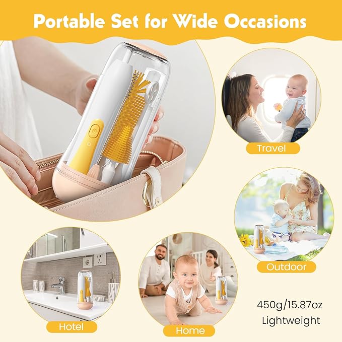 Electric Bottle Brush Cleaner, Baby Bottle Cleaning Set with Nipple Straw Brushes Drying Rack Soap Dispenser Rechargable Waterproof Multi-use E-Brush Kit for Travel & Home, Yellow