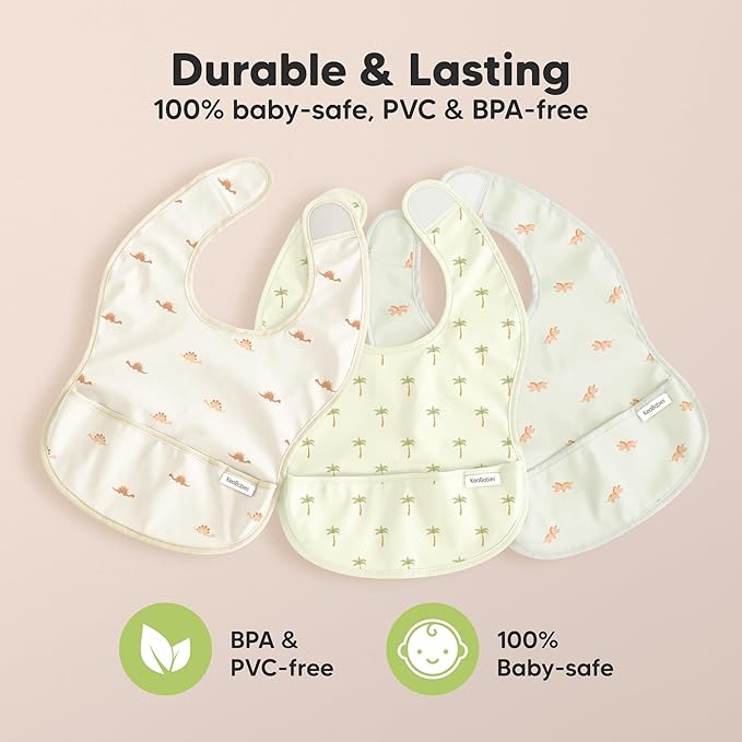 KeaBabies 3-Pack Waterproof Baby Bibs for Eating - Lightweight Toddler Feeding Bibs with Large Food Catcher, Mess Proof, Food-Grade Baby Eating Essentials, Easy to Put On & Clean (Mesozoic)