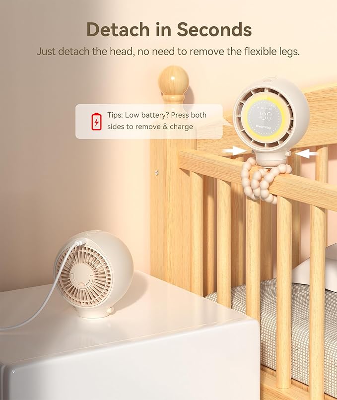 Dreamegg Portable Stroller Fan - 4000mAh Rechargeable Baby Stroller Fan With LED Display, Night Light, Hidden Blade, Detachable 4 Speed 360ยฐRotate, Handheld Cooling for Crib,Travel, Car Seat, Bedroom