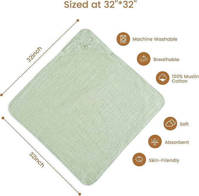 david's kids 2 Pack Hooded Baby Towels, Large 32"x32", 6 Layer 100% Muslin Cotton Highly Absorbent Boy Girl Bath Towel for Newborn, Infant, Toddler, Ultra Soft and Breathable Baby Essentials, Animals