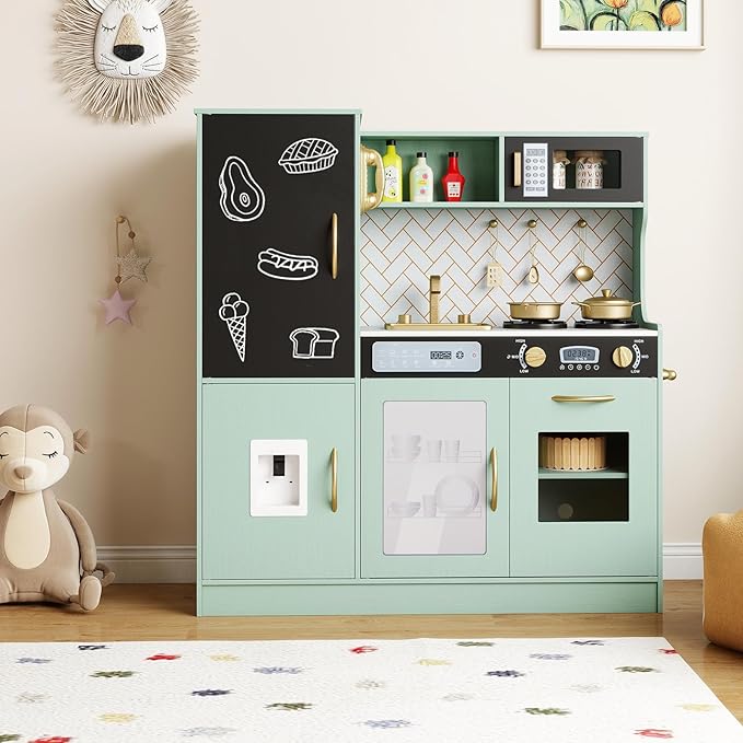 HONEY JOY Upgrade 39 in Kids Kitchen Playset, Large Wooden Little Chef Pretend Toy Kitchen Set w/Chalkboard, Telephone, Utensils, Oven, Microwave, Sink, Storage, Play Kitchen for Toddlers, Green