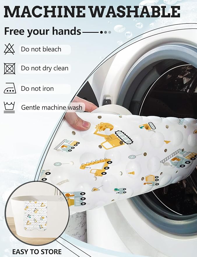 LNOND Baby Bath Mat Non Slip,Kids Bath Mat for Bathroom,Dinosaurs Driving Excavator Shower Mat with Drain Holes and Suction Cups,40 X 16 Inch