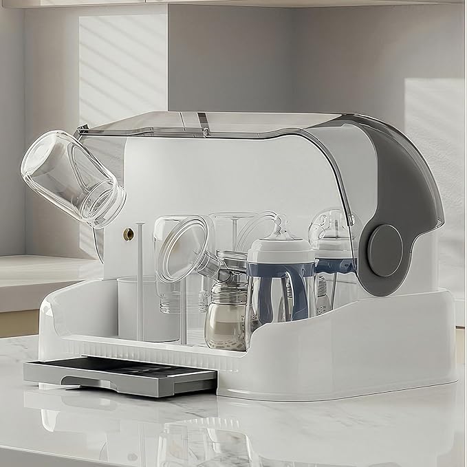 Baby Bottle Drying Rack Storage, Nursing Bottle Storage Box Organizer with Cover, Portable Kitchen Cabinet Organizer, Durable countertop Dryer (Grey)