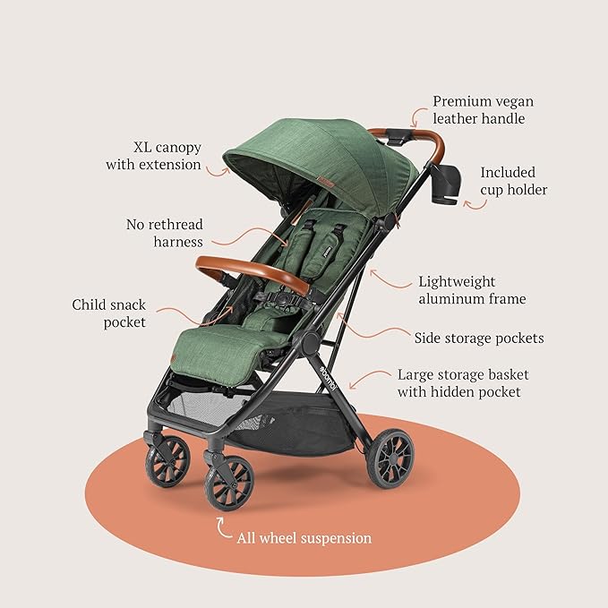 Bombi Bēbee V2 Lightweight Baby Stroller - Premium Vegan Leather, One-Hand Fold, Infinite Recline, Aircraft-Grade Aluminum Frame, XXL Canopy, and Ample Storage Umbrella Stroller - Hunter Green