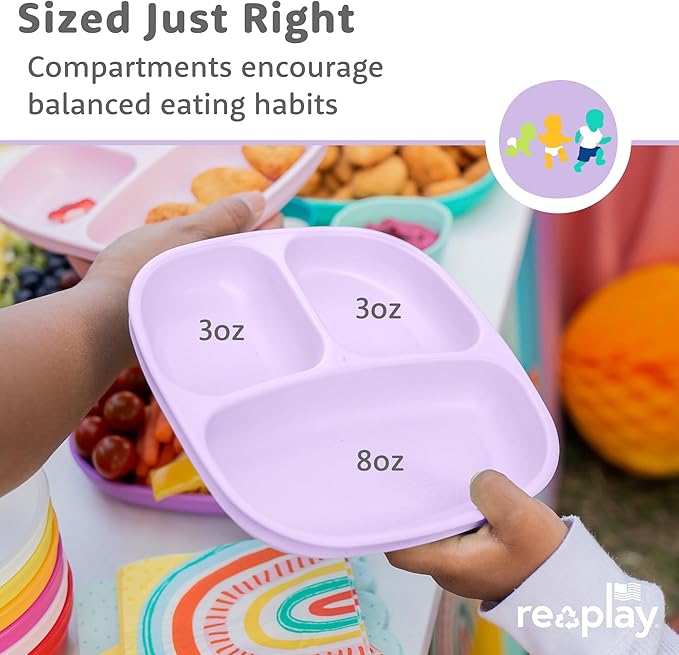 Re-Play Toddler Plates with Dividers - Deep-Walled 3 Compartments Divided Plates for Kids - Dishwasher & Microwave Safe - Made in USA - Set of 3-7.37" x 7.37" x 1.25" - Berry