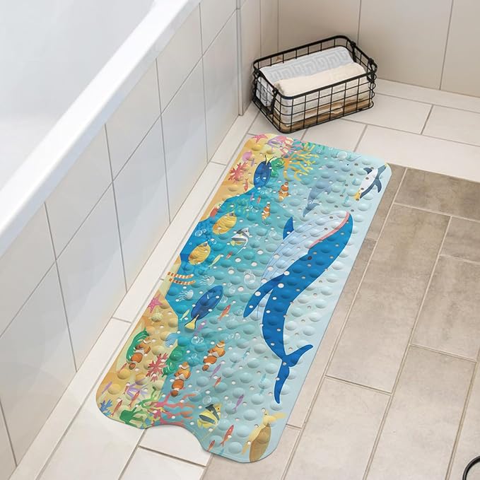 LNOND Bath Mat for Tub for Kids, Whales and Fish Bathtub Mat, Kids Bath Mats for Bathroom Non Slip with Drain Holes and Suction Cups,Machine Washable (40 X 16 Inch)