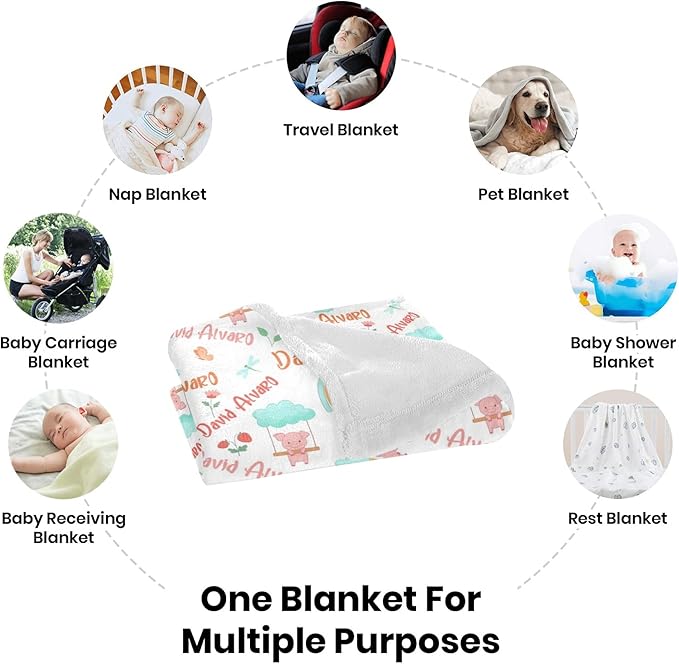 Ship Next Day Personalized Baby Blanket, Printed in USA - Custom Name Toddler Blanket with Pig Pattern, Personalized