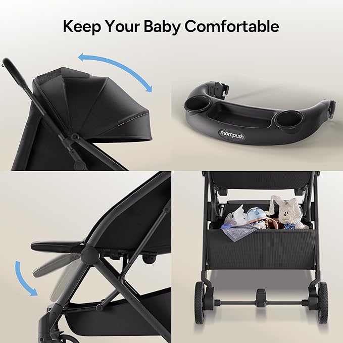 Mompush Lithe V2 Lightweight Travel Stroller, Compact Foldable Baby Stroller with Travel Bag, One-Hand Fold Stroller, Snack Tray, Mechanical Recline Seat, Airplane-Ready, Organizer & Rain Cover