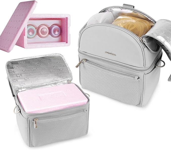 Sunveno Breastmilk Cooler Bag Set with 2 Ice Packs & Detachable Insulation Box, 15-Hour Cold Retention Foil-Lined Leak-Proof Tote Fits 3 Baby Bottles for On-The-Go Pumping Moms, Daycare & Travel,Grey
