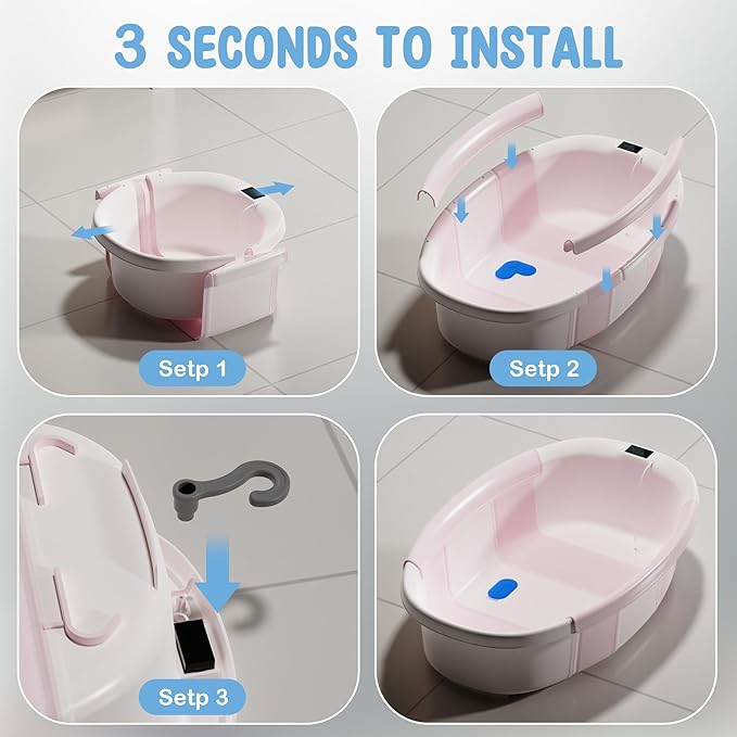 Collapsible Baby Bathtub, 3s to Install, Baby Bath Tub with Soft Cushion & Thermometer, 0-36 Months Newborn Bathtub,Portable Travel Baby Tub, Pink