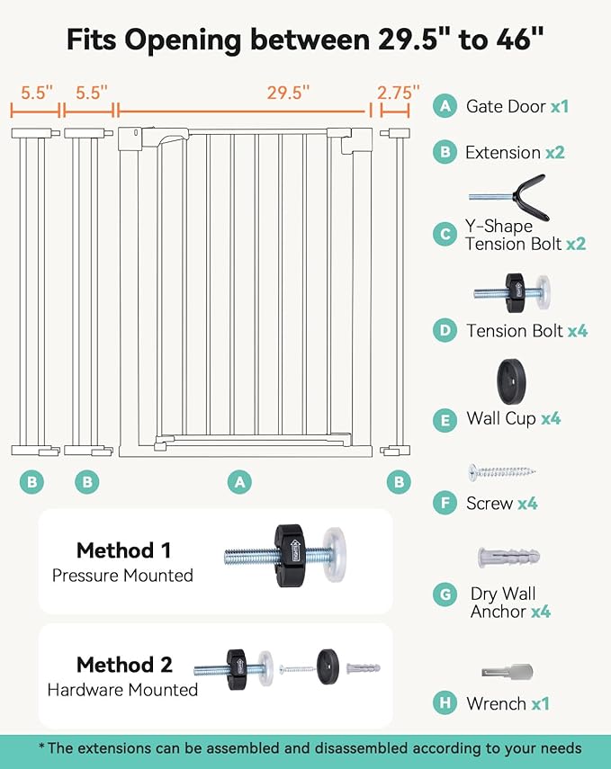 COMOMY 36" Extra Tall Baby Gate for Stairs Doorways, Fits Openings 29.5" to 46" Wide, Auto Close Extra Wide Dog Gate for House, Pressure Mounted Easy Walk Through Pet Gate with Door, Black