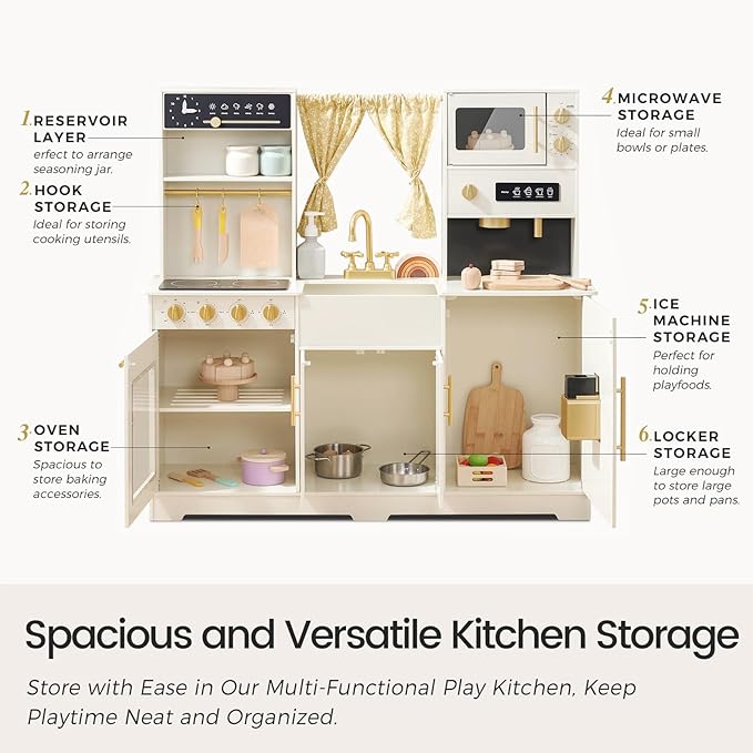 Tiny Land Play Kitchen for Kids, Toy Kitchen Set with Plenty of Play Features, New Modern Kids Wooden Play Kitchen Designed in Trendy Home Style with Curtains, Gift for Ages 3+