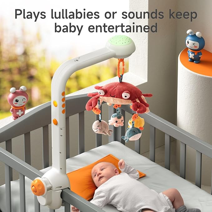 Tumama Baby Crib Mobile with Projection Night Light, Music and White Noise, Soft Plush Mirror Hanging Toys, Mute Spin Motor Nursery Toys for Infant 0-3, 6-9 Month Newborn Xmas Gift (Crab)