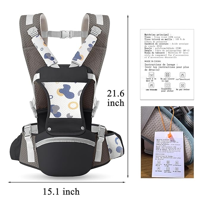 Baby Carrier with Hip Seat for Newborn to Toddler, 6-in-1 Ergonomic Infant Carrier for 0-36 Month Baby, All Positions Soft Breathable Mesh Wrap Carrier with Waist Stool, Baby Holder-Grey Print