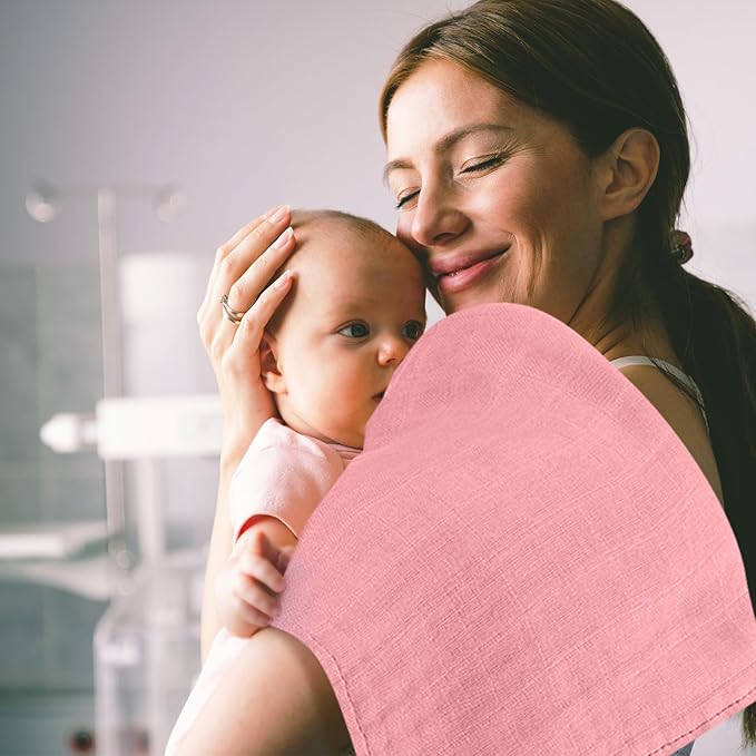 Preboun 6 Pcs Muslin Hooded Baby Towels and Washcloths 32"x 32" Cotton Newborn Bath Towel Anti-Shrink Infant Baby Blankets with Hood 12"x 12" Washcloths for Girl Boy Toddler(Pink,Dark Pink)