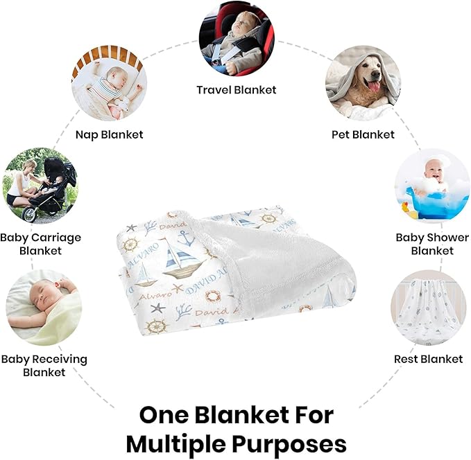 Ship Next Day, Personalized Baby Blanket for Boys Girls - Printed in USA, Custom Name Toddler Blanket with Sailboat Pattern, Perfect Newborn Gift