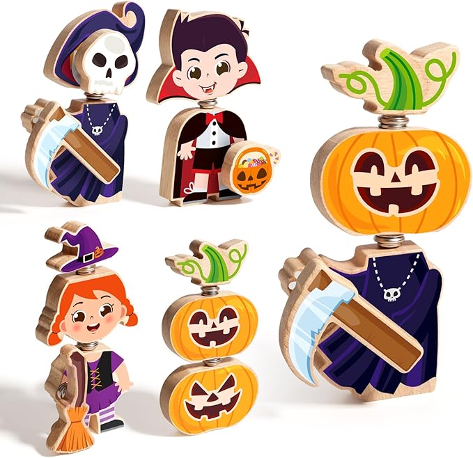 HUZU Halloween Snap Together Dress Up Building Blocks Toys, Witch Vampire Skeleton Pumpkin Take Apart Characters, 3 4 5 6 7 8 Years Old Kids Wooden Puzzle, STEM Fine Motor Skill Halloween Party Gift
