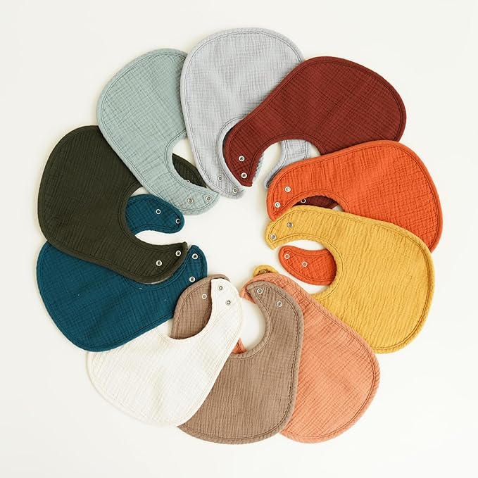 Konssy 10-Pack Muslin Baby Bibs, Soft Cotton Bandana Bibs for Drooling & Teething, Unisex Solid Colors for Boys & Girls, Newborn & Infant
