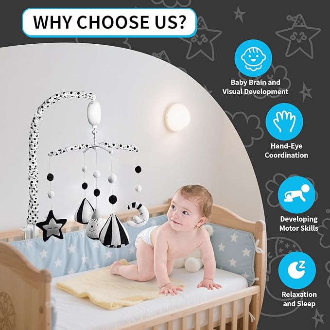 FEISIKE Baby Crib Mobile, Crib Toys Hanging with 35 Lullabies, 3 Modes Digital Musical Box(Turn Only, Music Only, Turn & Music Newborn Baby Toys Black/White for Boys and Grils