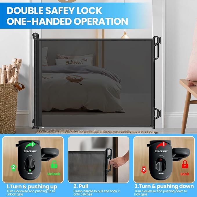 Retractable Safety Baby Gate or Mesh Dog Gate,Durable Portable Mesh Retractable Gate,Easy to Use for Stairs, Doorways, Hallways, Indoor, Outdoor, 33.5" Tall, Up to 45" Wide, Black