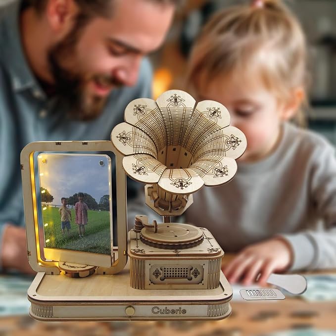 CUBERIE 3D Puzzles for Adults, Gramophone Wooden Model kit Music Box Gifts for Woman Man, Assembly Three-D Wood Puzzle Decor with Acrylic Picture Frame, Toys for Ages 14 and up
