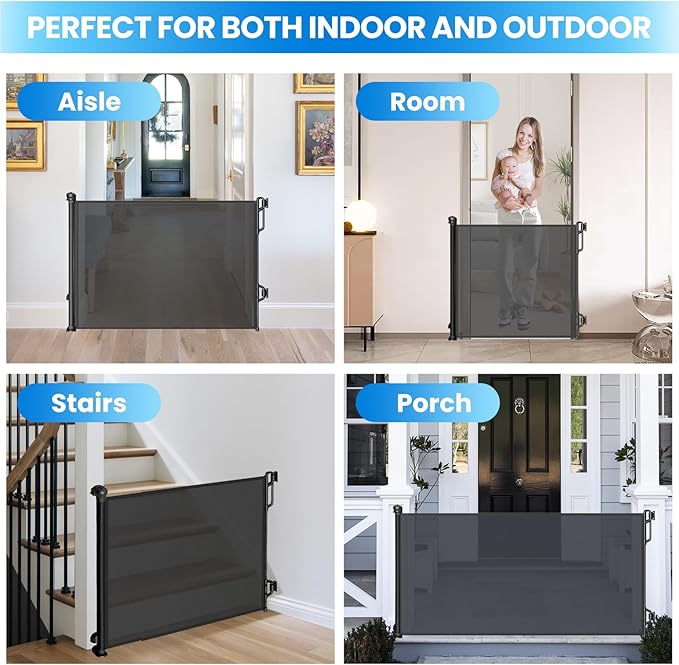 Retractable Safety Baby Gate or Mesh Dog Gate,Durable Portable Mesh Retractable Gate,Easy to Use for Stairs, Doorways, Hallways, Indoor, Outdoor, 33.5" Tall, Up to 55" Wide, Black
