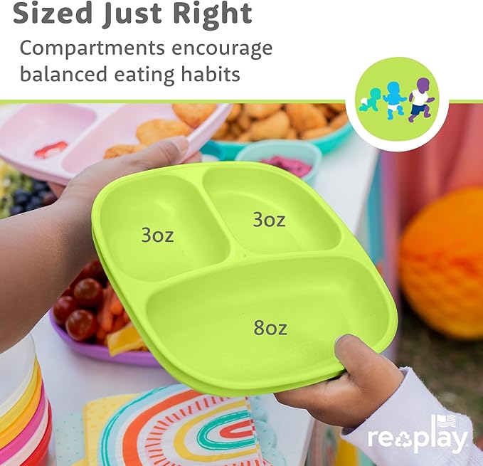 Re-Play Toddler Plates with Dividers - Deep-Walled 3 Compartments Divided Plates for Kids with 3 Lids - Dishwasher & Microwave Safe - Made in USA - Set of 3-7.37" x 7.37" x 1.25" - Aqua Asst