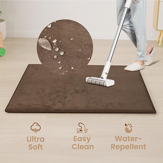 Baby Play Mat for Floor,1.3" Thick Elasti-Foam 50"×50" Playpen Mat for Tummy Time,Water Repellent Soft Coral Velvet for Toddler,Infant,Kids,Non-Slip Backing Safe for Crawling(Dark Brown)