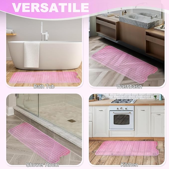 Linoows Bathtub and Shower Mats, 40x16 Inch Extra Large Non Slip Soft Bath Tub Mat with Suction Cups and Drain Holes for Bathroom Floor and Keep Tubs Clean, Machine Washable, Clear Pink