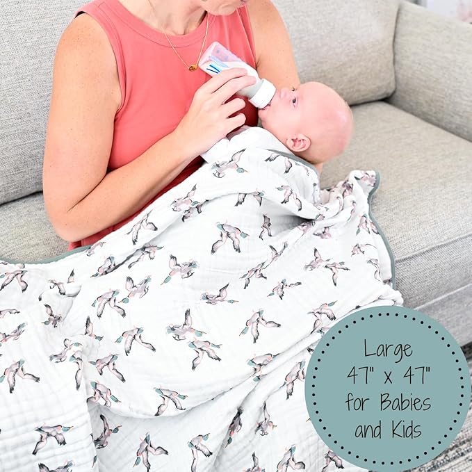 LollyBanks Muslin Baby Blanket 100% Organic Cotton, Muslin Quilt Lightweight, Toddler Blanket for Boys and Girls, 6 Layers Baby Blankets 47"x 47", Soft Nursery Receiving Blankets (Duck Print)