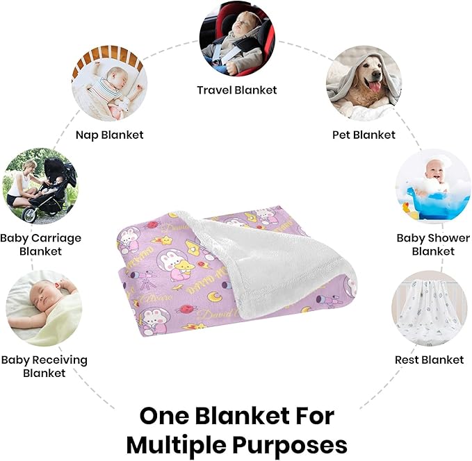 Ship Next Day, Personalized Baby Blanket for Boys Girls - Printed in USA, Custom Name Toddler Blanket with Rabbit Pattern, Perfect Newborn Gift