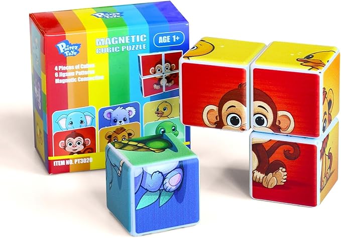 3D Magnetic Cubic Jigsaw Puzzle Toys for Toddlers, Large Building Blocks Cubes 1.65 Inches, Integrated with Magnets, 6 Patterns in Animal Theme