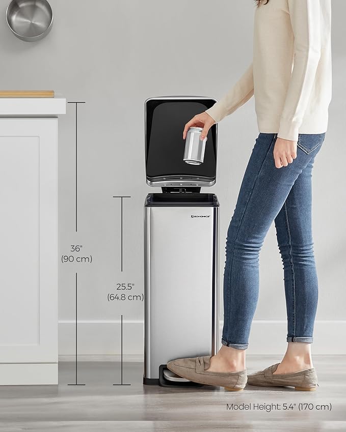 SONGMICS Slim Trash Can, 13-Gallon (50 L) Garbage Can for Narrow Spaces with Soft-Close Lid, Inner Bucket, and Step-on Pedal, Stainless Steel, 15 Trash Bags Included, Silver ULTB510E48