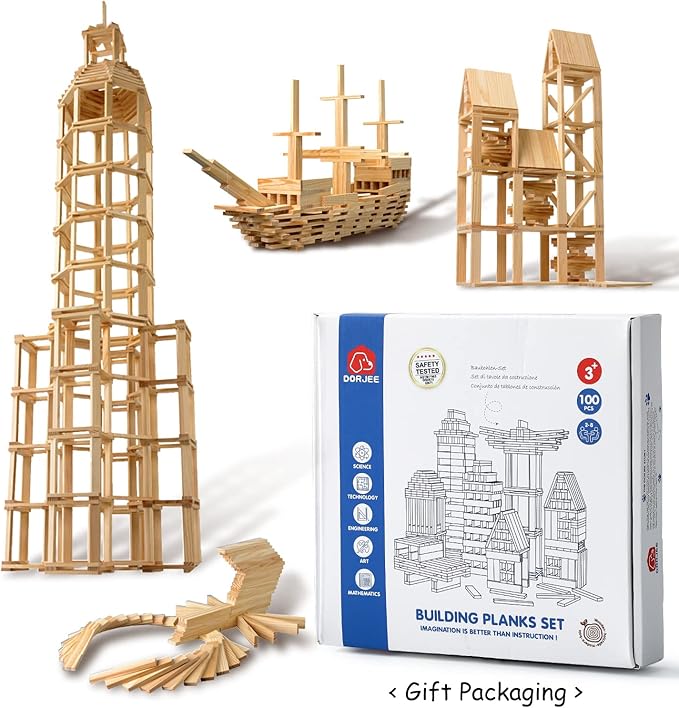 ICEKO KN 100pcs Classic Wooden Building Blocks Set,Solid STEM Building Toys for Kids, Preschool Learning Montessori Toys for Toddlers, Boys & Girls Birthday Gift (Log Color)