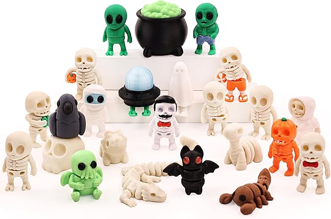 Mini 3D Printed Figurines Set for Halloween Decorations, Articulated, Flexible, and Exquisitely, Skeleton, Zombie, Alien