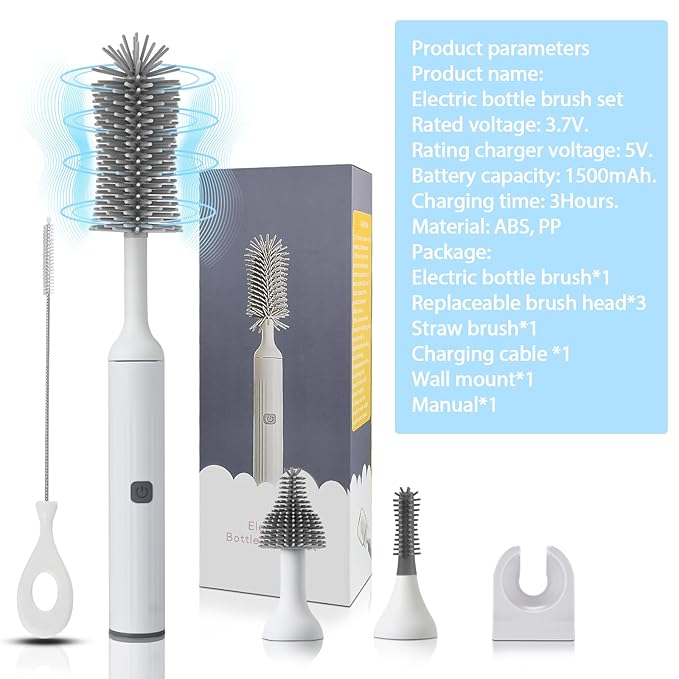 Electric Baby Bottle Brush Set with Rechargeable Electric Bottle Brush Cleaner and Replaceable Silicone Bottle Brushes and Straw Brush Cleaner, Waterproof Multi-Purpose Cleaning Brush (White)