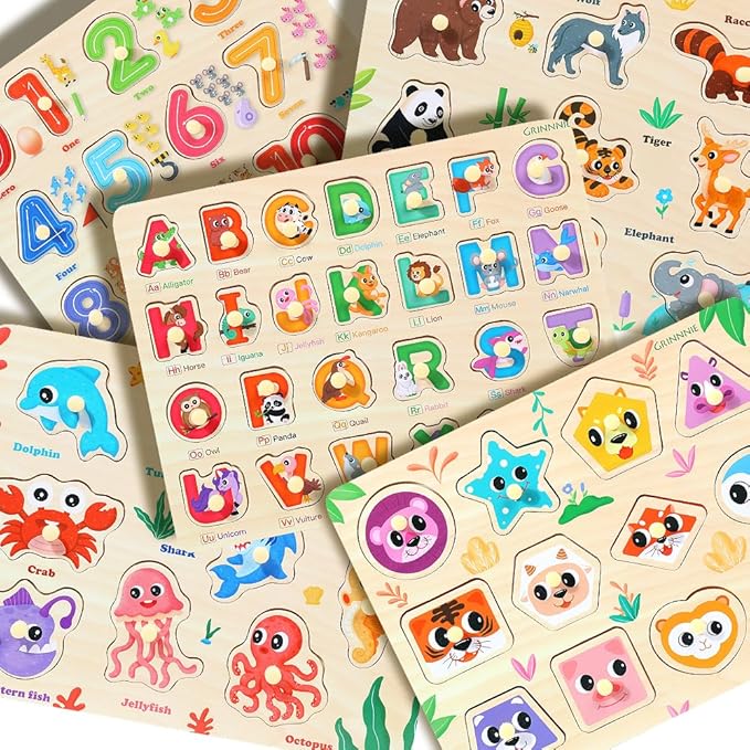GRINNNIE Wooden Puzzles for Toddlers 3 4 5 Years Old, Montessori Toddler Toys 5PCS Peg Puzzles with Knob - Number, Alphabet, Shape, and Animal, Great Christmas Birthday Gifts for Boys Girls