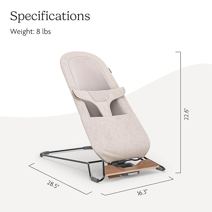UPPAbaby Mira Bouncer/Portable 2-in-1 Bouncer + Seat Grows With Your Baby/GREENGuard® Gold, JPMA + FSC® certified/Cozy Seat Liner + Storage Bag Included/Charlie (Sand Mélange/Black Chrome/Walnut Wood)