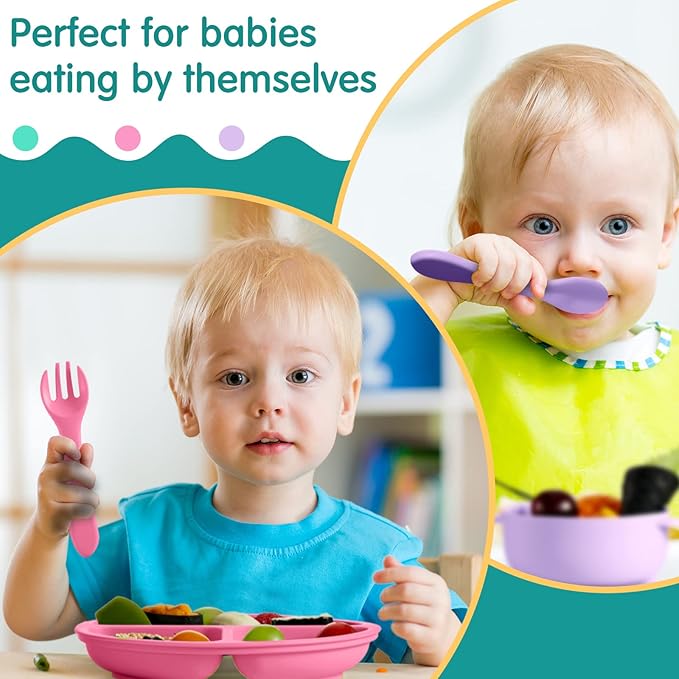 Chengu 12 Pcs Silicone Bowl with Suction Set for Baby Toddler with Suction Plate, Spoon and Fork, Divided Design Baby Feeding Utensils Weaning Kit, Dishwasher and Microwave Safe