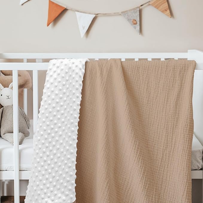 Baby Blankets for Boys Girls, Soft Nursery Minky Blankets with Muslin and Dotted Fleece Back 30x40 inches, Receiving Bed Quilt for Newborn, Infants, Toddlers (Brown)
