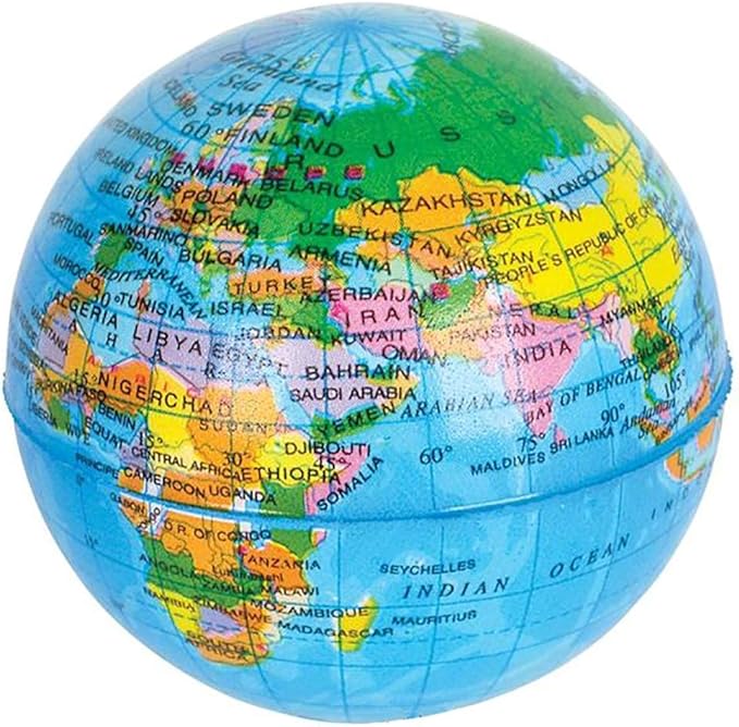The Dreidel Company World Globe Squeeze Ball Bunch Stress Ball, Planet Soft Foam Stress & Anxiety Relief Toy, Planet Earth, 3" Inches - (Pack of 6)