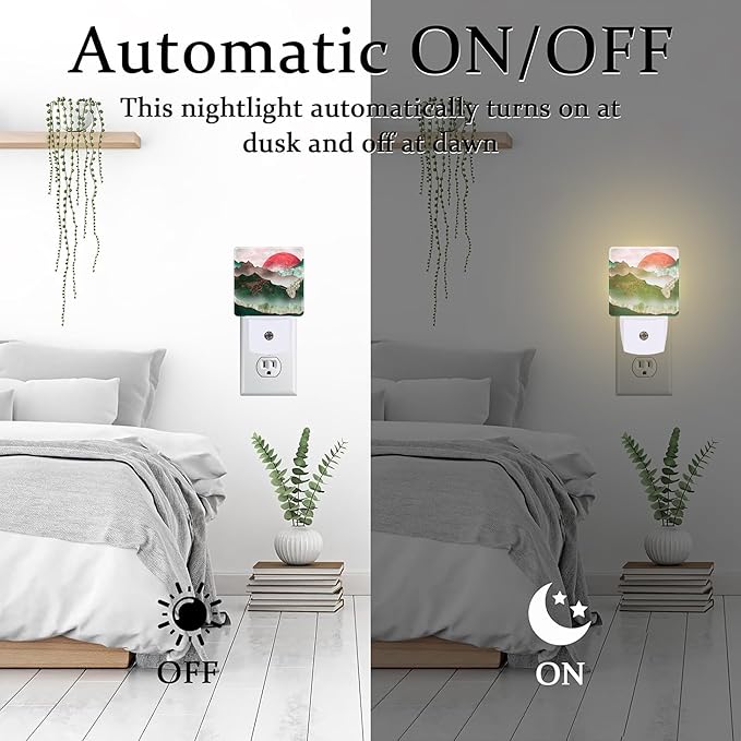 Green Mountain with Red Moon Night Light for Kids,Abstract Natural Landscape Painting Night Light Plug in with Dusk to Dawn Sensor,0.5w Energy Saving Nightlight for Hallway Stairway Kitchen Bedroom
