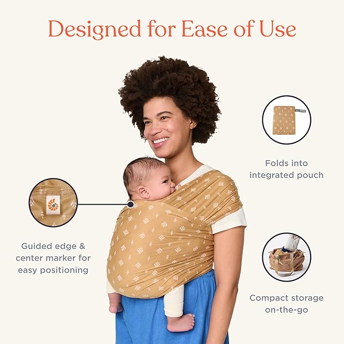 Ergobaby Sustainable Knit Aura Baby Carrier Wrap for Newborn to Toddler (8-25 lbs) - Comfortable, Ergonomic, & Ultra-Soft Newborn Wrap Carrier - One Size Fits Most - Rayon, Camel Harvest