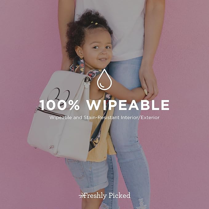 Freshly Picked Classic Mini II Diaper Bag Backpack, Wipeable Vegan Leather Disney, 8 Pockets (Mickey Mania)