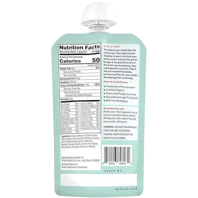 Cerebelly Organic Baby Food Pouches – Organic Broccoli Pear Pouch Protein, Healthy Fats, Non-Gmo Baby Food Meals 4 Ounce Bpa-Free Toddler Purees, 1 Count