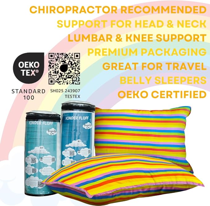 kinder Fluff Kids Pillow (2Pack) 16x24in - Youth Pillows for Kids Age 7+, 100% Cotton Sateen Stripes 300T, Down Alternative Fill, Machine Washable - Children, Decor & Travel Cushion - Rainbow - L