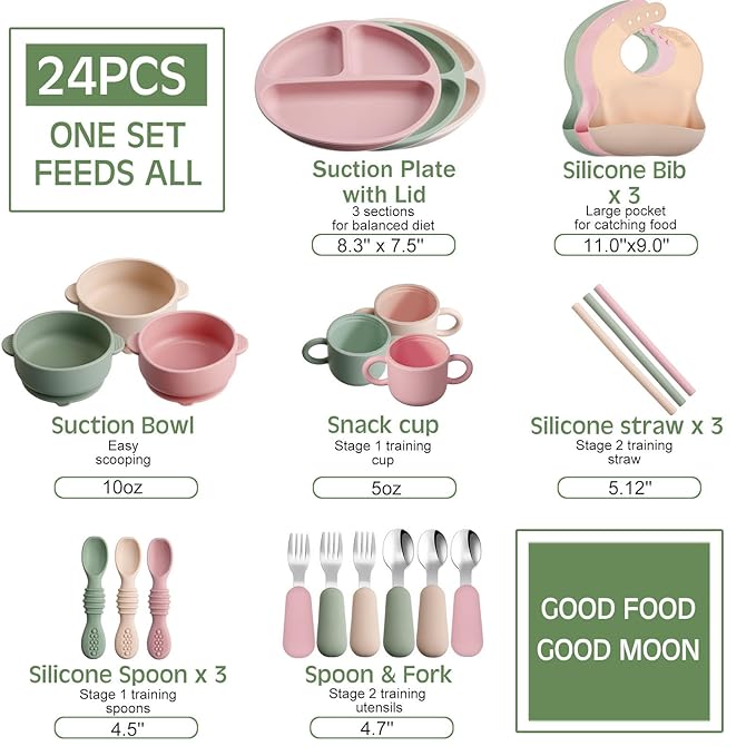 Yinder 24 Pack Silicone Baby Feeding Set Baby LED Weaning Supplies Includes Suction Divided Plates Soft Bowl Spoons Forks Adjustable Bib Snack Cup and Straws(Dark Green, Beige, Light Pink)