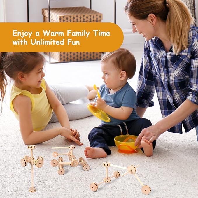 WODI 60PCS Wooden Building Blocks for Kids Ages 4-8, STEM Toys Montessori Learning Toys, Large DIY Educational Construction Blocks for Toddlers, Creative Splicing Activity Set with Manual