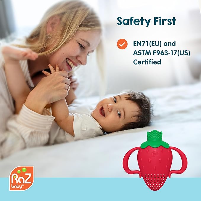 RaZbaby Fruitique Fruit Feeder One-Piece Baby – Larger Opening for Refilling & Fits More Fresh/Frozen Fruit for Teething Relief, Easy to Hold, Safer Design, BPA-Free, Dishwasher Safe - Banana