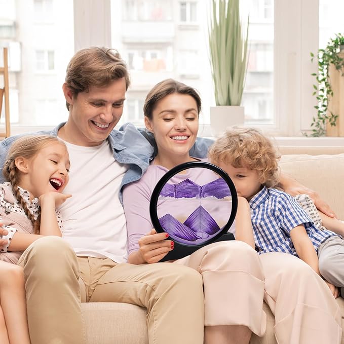 Moving Sand Art Liquid Motion, 3D Deep Sea Sandscape Color Quicksand Decor, Round Glass Moving Sand Art Picture Relaxing Desktop Home Office Work Decor (Purple, 7 inch)